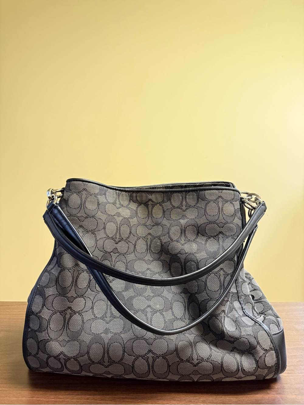 Coach Black Signature Canvas Shoulder Bag with Dark Trim